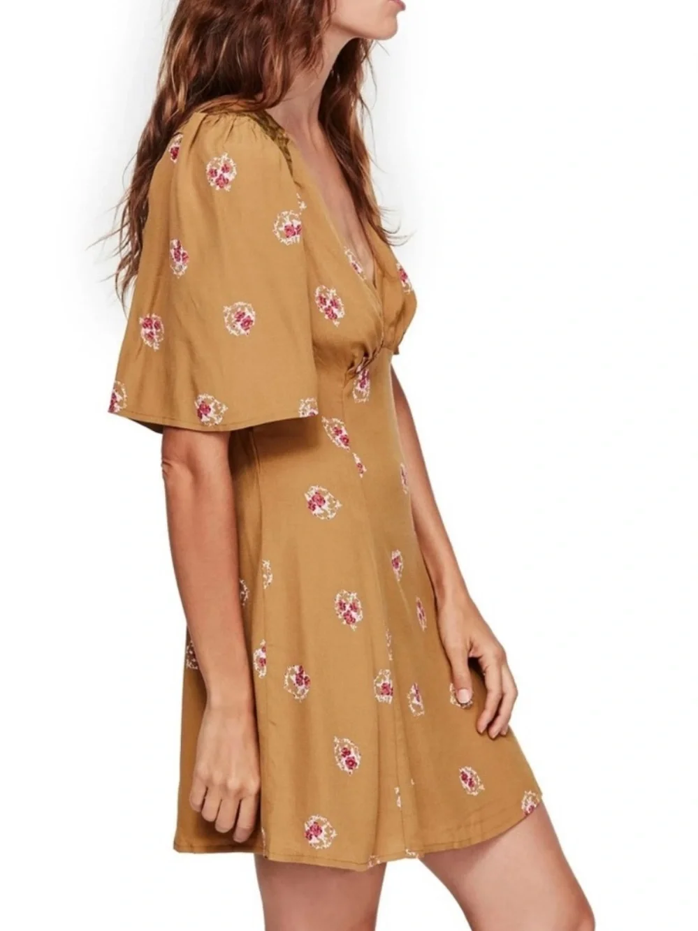Free People Brown Comb Floral Deep V Mini Dress